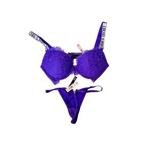VICTORIA SECRET PUSHUP BRA & UNDERWEAR SET Rhinestone Strap 34C Purple NEW CUTE